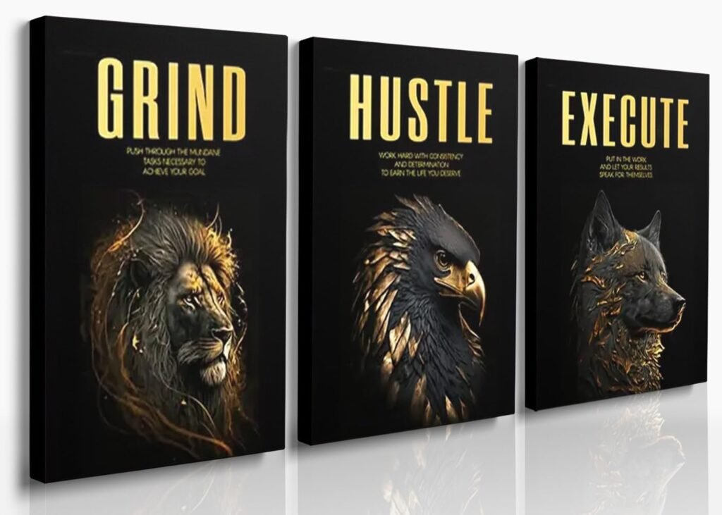 3Pcs Black Hustle Motivational Wall Art Framed Canvas Modern Abstract Animals Poster Inspirational Wall Decor,Golden Lion Eagles Hustle Grind Execute Wall Art Painting for Office Home 16x24
