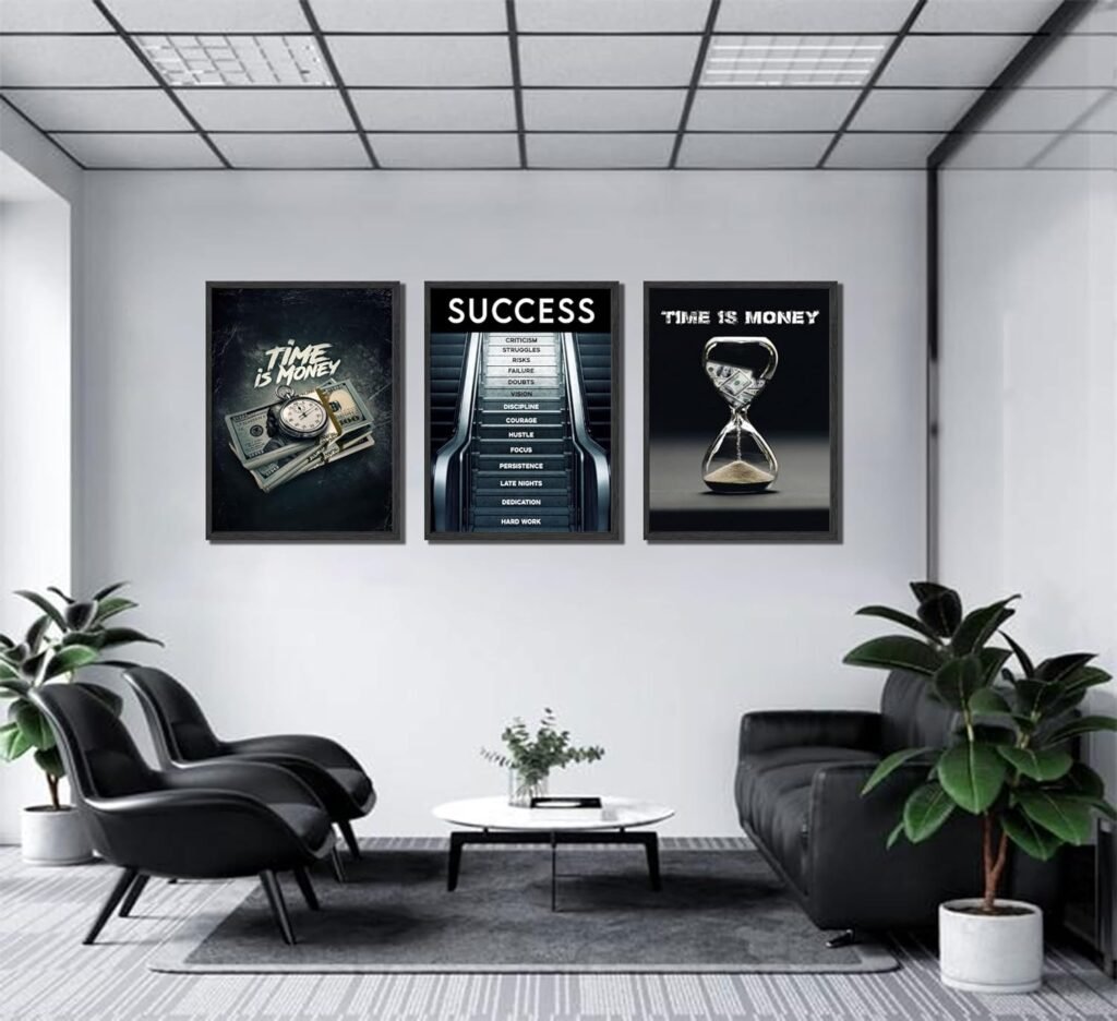 3Pcs Framed Time Is Money Canvas Wall Art Office Wall Decor Inspirational Quotes Pictures Paintings Path to Success Posters Prints of Man Cave Living Room Bedroom Office Decor Ready to Hang