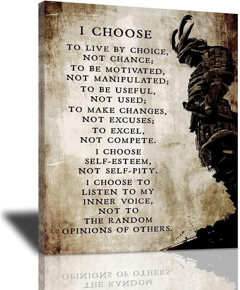 Armored Samurai Canvas Wall Art I Choose to Live by Choice Canvas Painting For Wall Cool Prints Quotes Retro Japanese Artwork Colorful Poster Framed Wall Decor For Bedroom Living Room 12x16 Inch