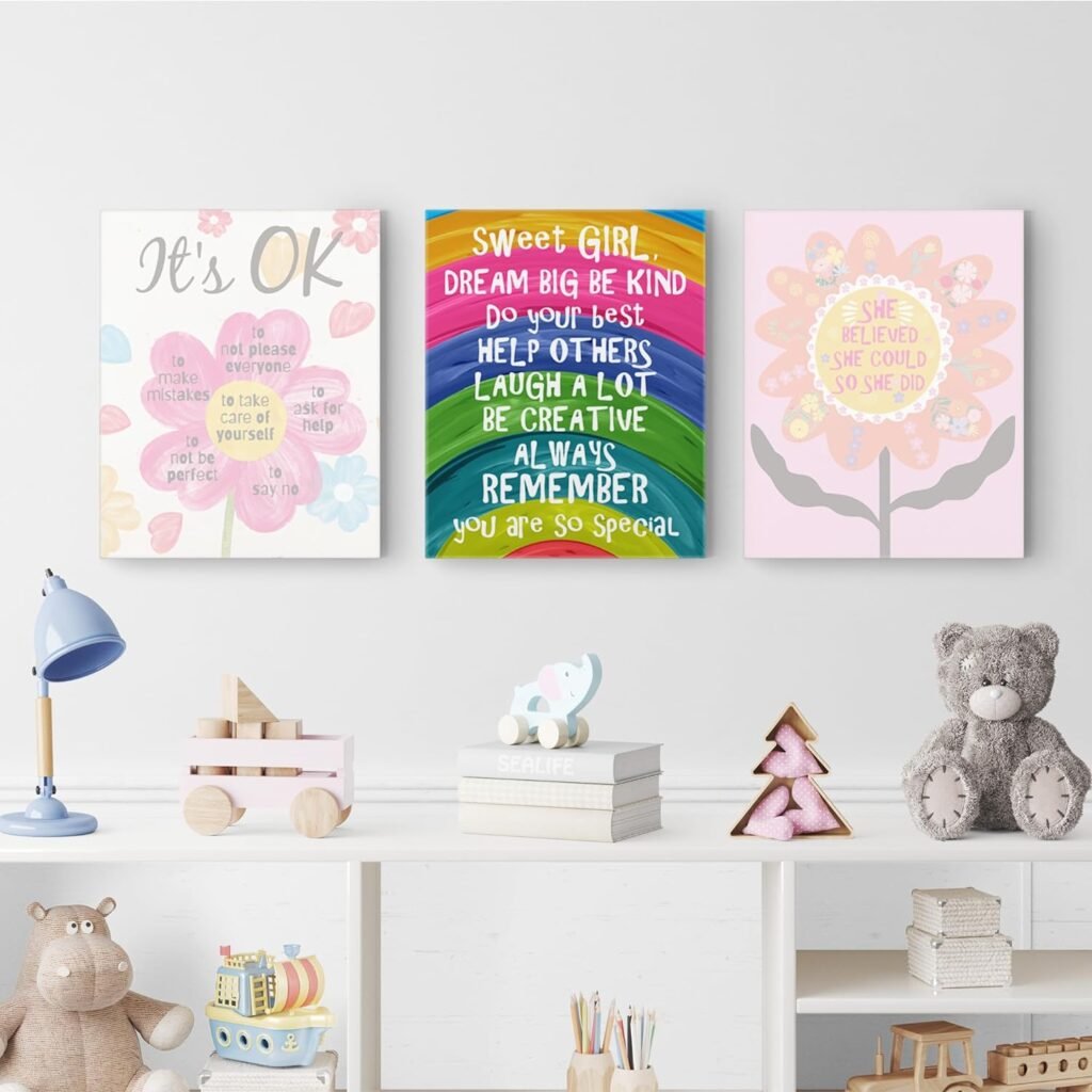 Bttwkco Rainbow Girls Motivational Canvas Prints Framed Wall Art for Home bedroom Living Room Nursery Decor, Colorful Wall Art for Kids Daughter