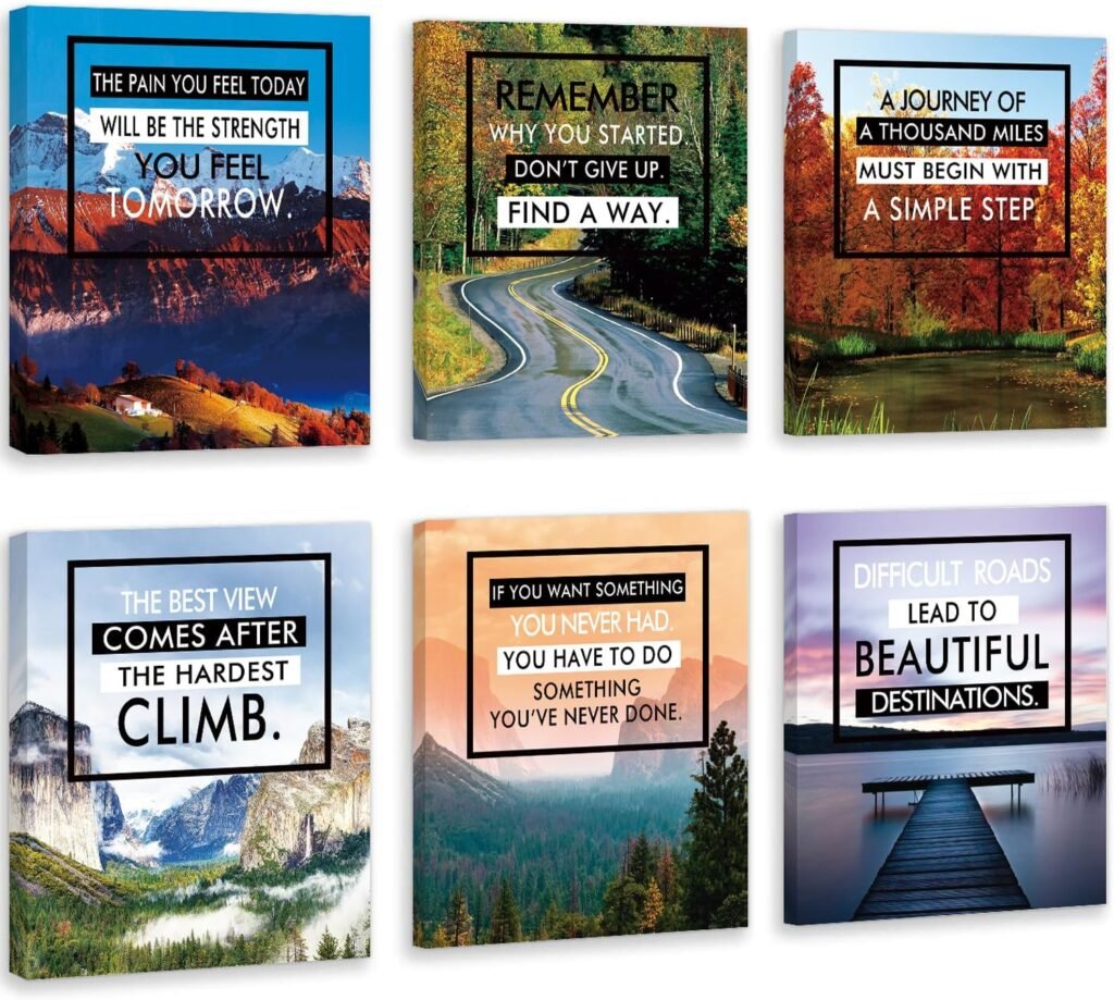 CHDITB Inspirational Wall Art For Office Wall Art Paintings,Set Of 6 Motivational Quotes Wall Decor Landscape Natural Scenery Positive Affirmation Canvas Wall Art 12”x16” Office Art Print For Gym