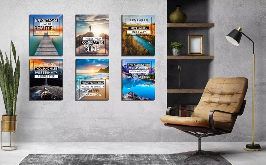 Inspirational Office Decor Wall Art Set of 6, Mountain Beach Landscape Motivational Positive Affirmations Quotes Canvas Print Wall Art for Office Gym Bedroom Wall Decor, 8x10 Framed Ready to Hang