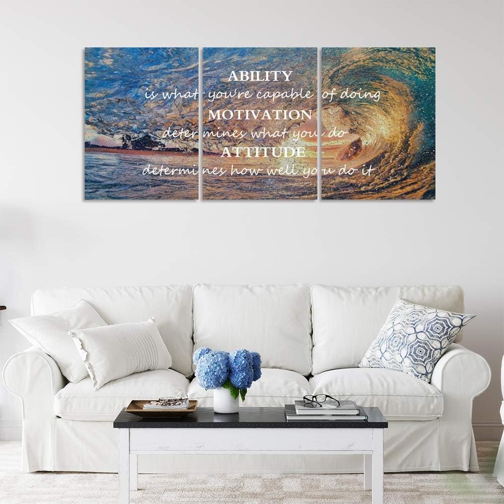 Inspirational Posters Motivational Wall Art Canvas Painting Sunrise Blue Sea Ocean Natural Landscape Wall Decor Sunset Ocean Beach Wall Art Poster Seascape Prints Artwork Wooden Framed - 36 Wx16 H