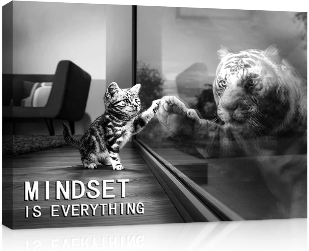 Inspirational Wall Art Tiger Canvas Mindset is Everything Decor Cat Paintings Motivational Poster Framed  Easy Hang Prints Decorations for Office Living Room Bathroom Guest Room (12x16x1)