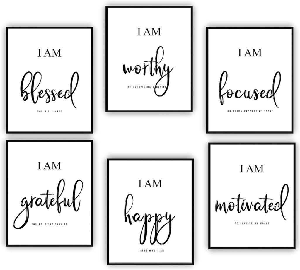 Inspirational Wall Art,Motivational Wall Art,Office  Bedroom Wall Decor,Positive Quotes  Sayings,Daily Affirmations for Men, Women  Kids,Black  White Poster Prints (8X10, Set of 6, No Frame)