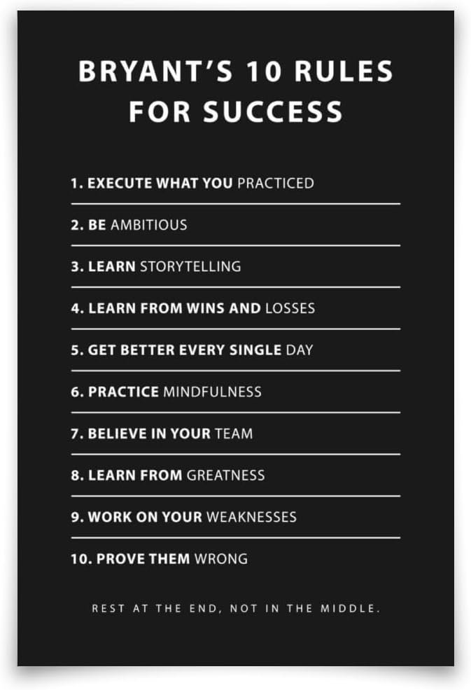 Kobe 10 Rules For Success Poster Inspirational Phrases Wall Art Prints Motivational Sayings Quote Poster Positive Print Decoration for Teens Adults Living Room Office Decor 8x12in Unframed