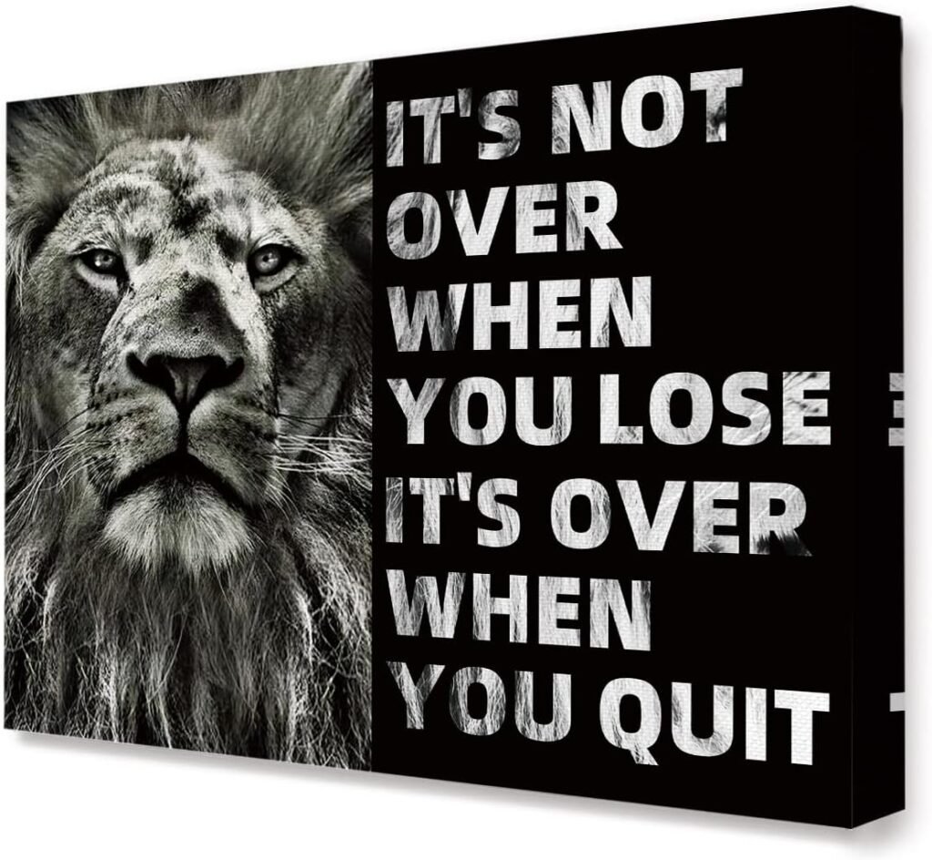 Lion Inspirational Entrepreneur Quotes Its Not Over When You Lose Canvas Framed Wall Art, Motivational Lion Artwork Canvas Framed Painting for Entrepreneur Home Bedroom Office Wall Decor 15 x 12