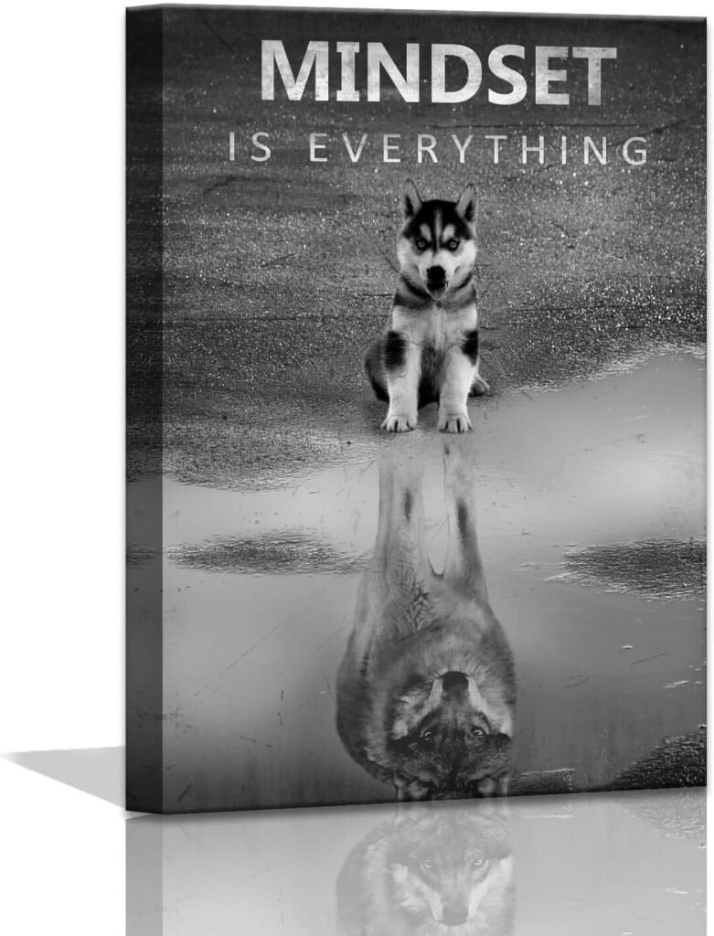 Modern Motivational Bedroom, Mindset is Everything Inspirational Wall Art for Office Wolf Motto Artwork Wall Decor Black and White Canvas Framed 12x16inch