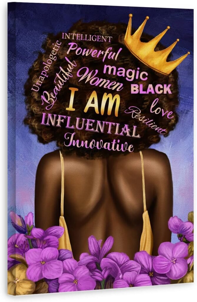 Motivational Black Girl Wall Art African American Wall Art Inspirational Black Queen Posters Purple Flower Black Art Canvas Print Painting Modern Artwork for Living Room Bedroom Bathroom Office, 16x24