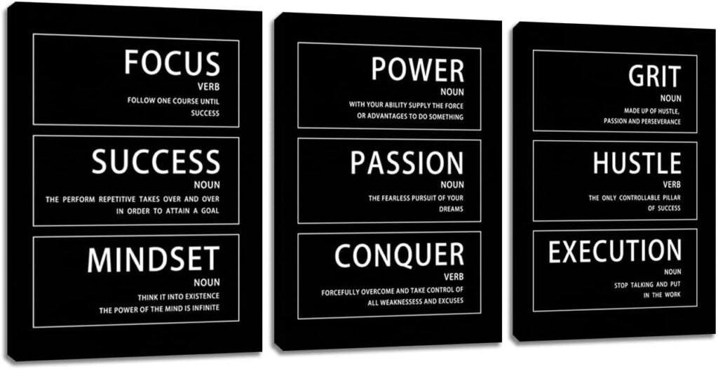 Motivational Hustle Wall Art 3 Piece Inspirational Success Execution Painting Picture Entrepreneur Quote Mindset Posters Prints Black Canvas Wall Decor for Office Living Room Workplace Framed