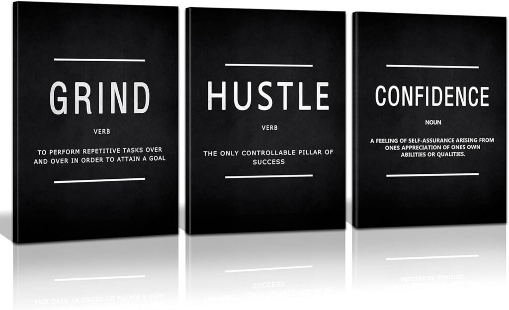 Motivational Success Canvas Wall Art, Grind Hustle Confidence Wall Decor Framed Inspirational Entrepreneurs Painting Prints Quotes Poster for Office Workplace Ready to Hang