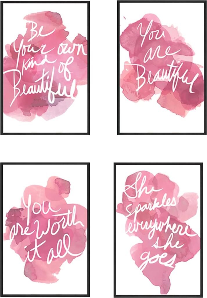 Set of 4 Framed Motivational Wall Art Quote Pink Womans Room Home Decor, Canvas Painting Posters Print Pictures Positive Words for Office Bedroom Decoration