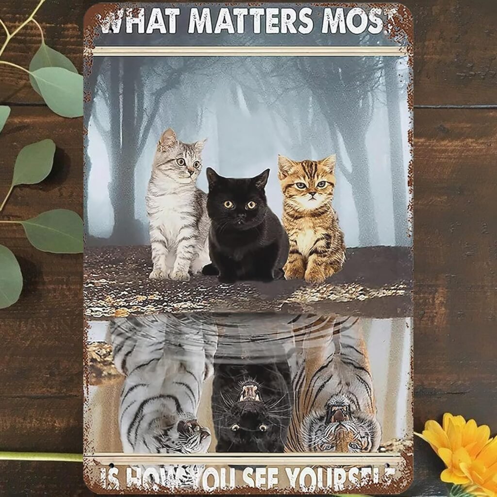 Vintage Metal Tin Sign 8x12, Inspirational Cute Black Cat Motivational Wall Art Decor, What Matters Most Is How You See Yourself Poster for Home Living Room Bedroom Garden Garage Cafe Bar Pub