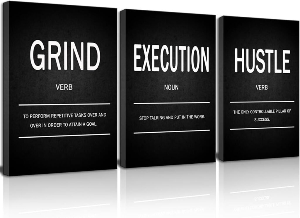 Wall Art Motivational Wall Décor Grind Hustle Execution Inspirational Poster Print Canvas Wall Art for Office, Living Room, Bedroom, Dormitory Wall Decoration Black and White Gallery Wrapped Canvas