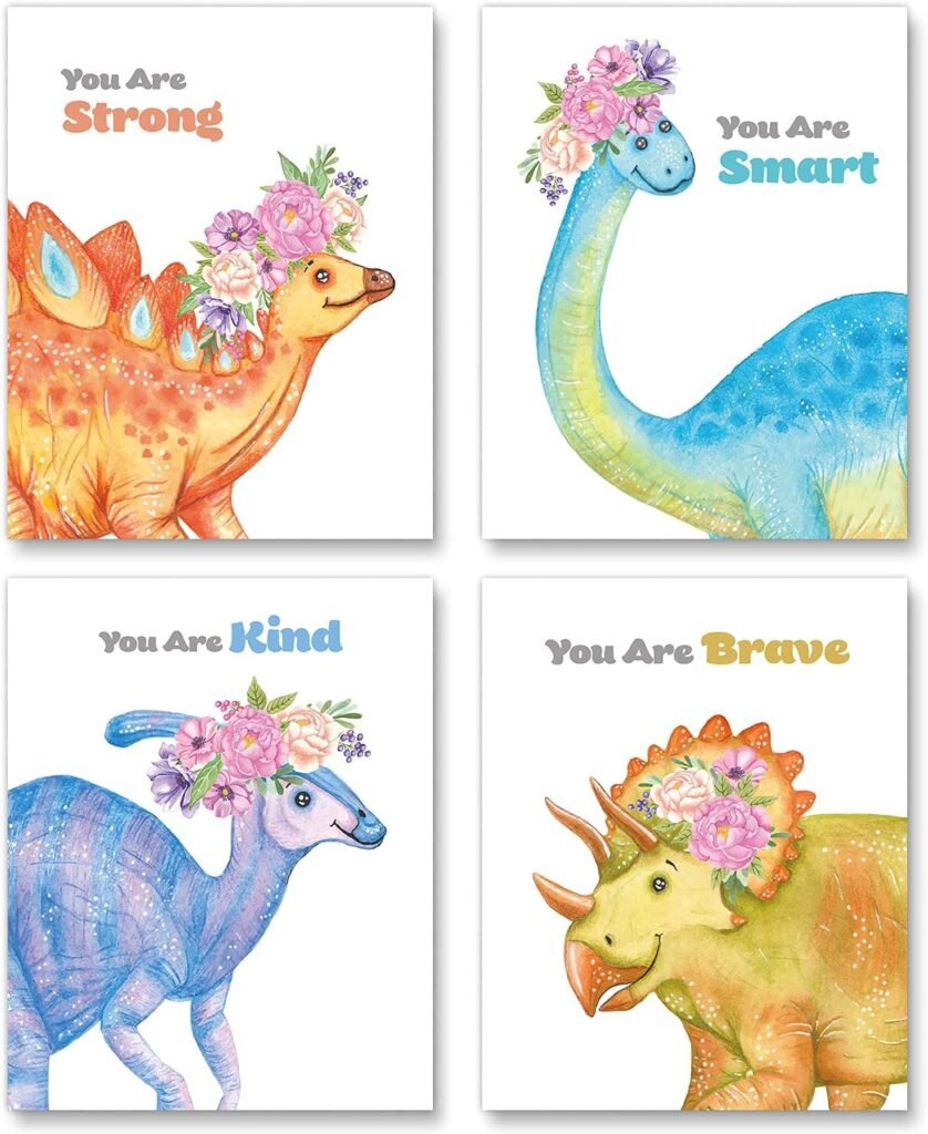 Watercolor Dinosaur Print Motivational Wall Art Nursery Bedroom Decoration Animals Flowers Poster Colorful Paintings for Kids Room Decor Gift (8x10 inch，Set of 4，Unframed)